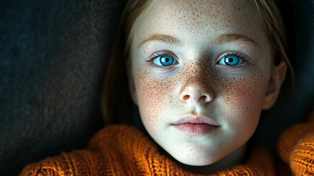 Young girl with striking blue eyes and freckles gazes thoughtfully while wearing an orange sweater