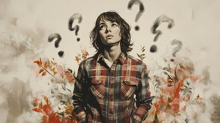 Obraz premium Confused woman in plaid shirt surrounded by question marks on grey background. Firebloom. Illustration