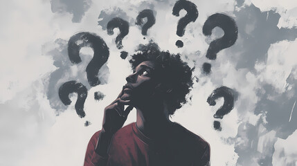 Contemplative individual pondering questions with confusion amidst a grey backdrop. Firebloom. Illustration