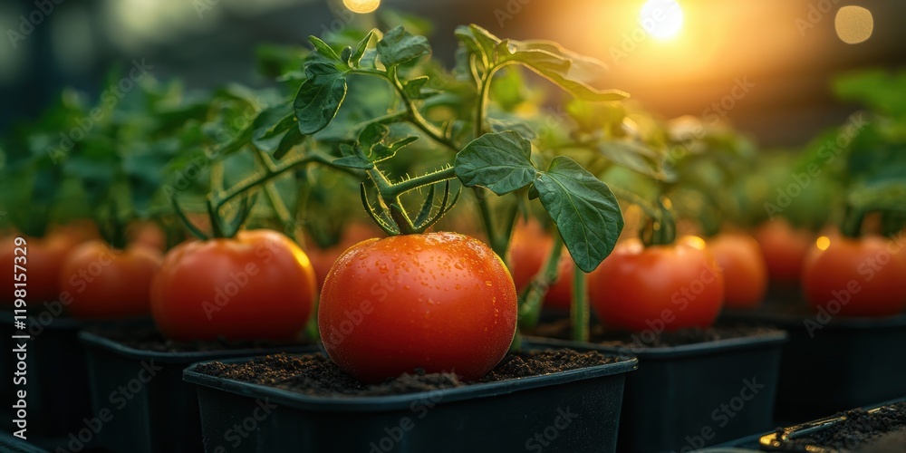 Wall mural Close-Up Image of Vibrant Red Tomatoes Growing in Small Pots Under Warm Sunlight, Surrounded by Lush Green Leaves in a Greenhouse Setting During Golden Hour