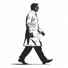 A stylish monochrome illustration of a doctor walking, showcasing a professional and elegant style in healthcare. Perfect for medical websites and publications.