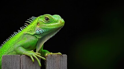 Obraz premium Green iguana perched on wooden post nature close-up outdoor environment serene viewpoint wildlife concept