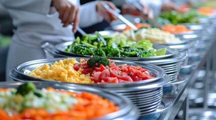 Obraz premium Close-up of a Diverse and Colorful Salad Bar with Various Fresh Ingredients at a Buffet, Featuring Plates of Chopped Vegetables and Greens with Hands Serving