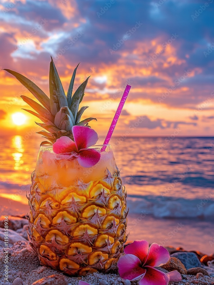 Poster pineapple cocktail with a tropical sunset view over the ocean at a beach during golden hour. generat