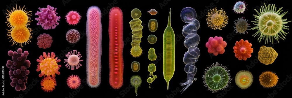 Aufkleber Bacteria evolution sequence depicting diverse forms and structures in vibrant colors over a dark background. Generative AI