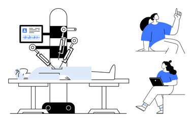 Robotic arm performing surgery on patient while a doctor watches and an assistant takes notes on a laptop. Ideal for medical technology, healthcare innovation, surgery, robotics, AI in medicine