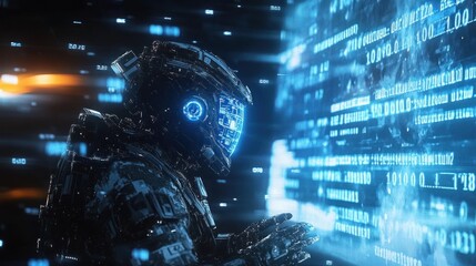 Fototapeta premium Futuristic astronaut interacts with digital data stream.