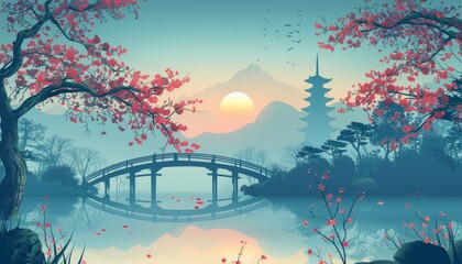 A serene Japanese landscape with a traditional pagoda, a wooden bridge over a still lake, and a mountain in the background, all under a soft, colorful sunset.