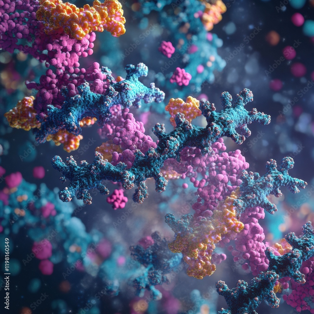 Poster close up view of a molecular rna chain interacting with multiple types of viruses in a colorful micr