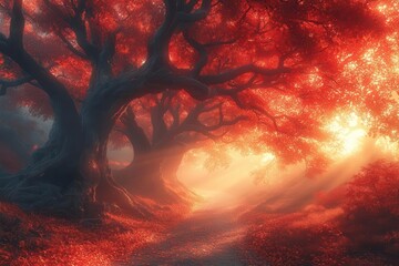 a mystical autumn valley at golden hour, where ancient maple trees create a cathedral-like canopy, their leaves a symphony of crimson and gold, mist weaving through twisted trunks