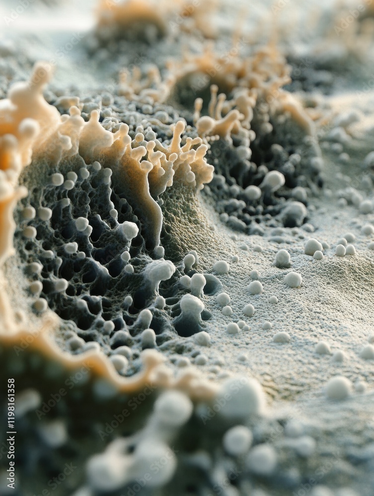 Poster dense layer of microbes exhibiting intricate structures and textures in a microscopic environment. g
