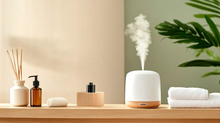 A serene arrangement featuring an essential oil diffuser, aromatic bottles, and soft towels, creating a calming atmosphere for relaxation and wellness.