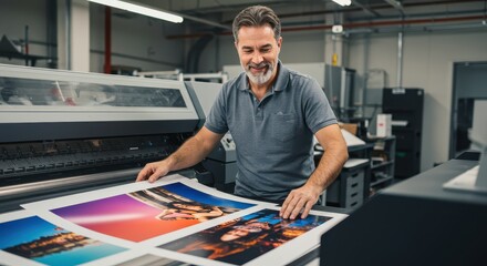 A print specialist works with a large format printing press to create vibrant images for commercial use