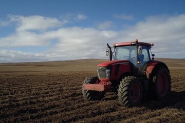 Fototapeta premium Red tractor working on a plowed field under a clear blue sky during the day in an agricultural landscape. Generative AI