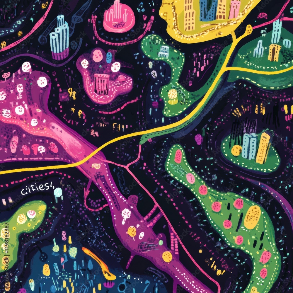 Aufkleber exploring a vibrant map of playful bacteria colonies depicted as colorful cities in a whimsical land