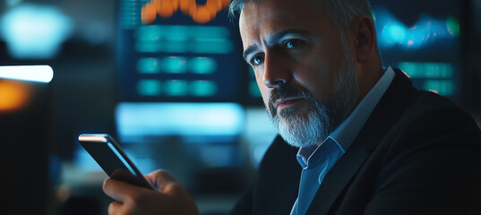 Professional man analyzing stock market data on smartphone in a modern office environment