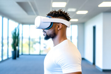 A man wearing a virtual reality headset stands in a modern, bright space, engaged in an immersive experience.