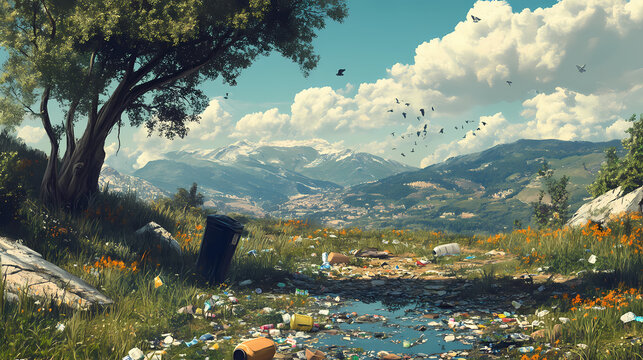 A serene nature scene ruined by litter, with passersby walking by without acknowledging the problem. Firebloom. Illustration