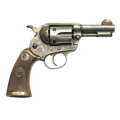 Old silver revolver on transparent background, PNG