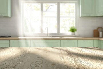 A green wooden table sits in front of a blurred white kitchen illuminated by golden sunlight