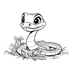 Fototapeta premium Adorable Baby Snake Cartoon Illustration: Cute Reptile in Nature Habitat, Black and White Line Art