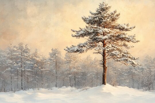 A single snow-covered pine tree stands tall in a winter forest bathed in soft, golden sunlight.