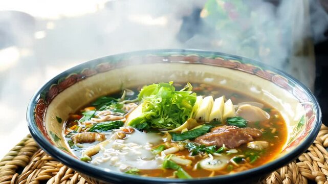 360-degree rotation video, soft diffused light, the camera rotates around a beautifully arranged vietnamese pho bowl with flavorful broth, rice noodles, thinly sliced beef, fresh herbs