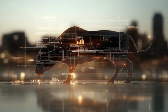 Digital bull silhouette against city skyline with futuristic graphics at dusk