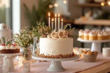 Celebration cake featuring fresh flowers and candles at a cozy gathering in a beautifully decorated venue