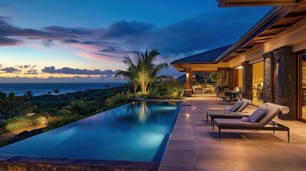 Fototapeta premium Luxury Oceanfront Villa with Infinity Pool at Sunset