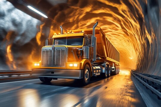 A strong compact tipper truck travels on a road through a rounded underground tunnel