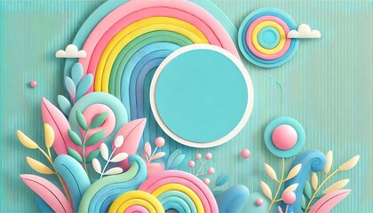 Obraz premium Bright turquoise background with a pastel rainbow swirl and circular sticker in white space for text.