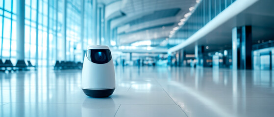 A futuristic robotic assistant stands in a spacious, modern airport terminal, showcasing advanced technology in a bright and airy environment.