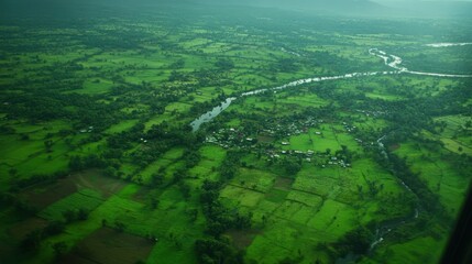 Aerial view of lush green landscape with river.