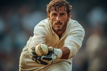  Intense cricket action shot of athlete in dynamic pose catching ball during match with focused determination