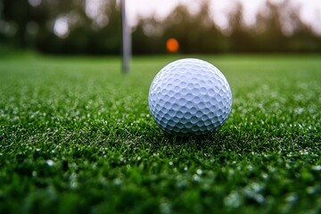 Naklejka premium Close-up of golf ball on lush green grass with blurred flag in background, capturing golf precision and focus.