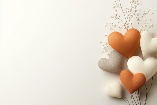 Naklejki Heart-shaped decorations arranged artistically with flowers on a neutral background for a warm and inviting atmosphere