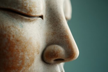 Close-up view of a serene sculpture highlighting intricate facial features, capturing tranquility and artistry