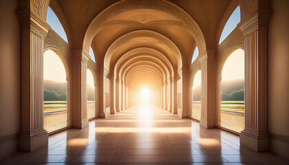 Obraz premium a serene corridor with multiple archways leading to a bright light creating a sense of tranquility and depth