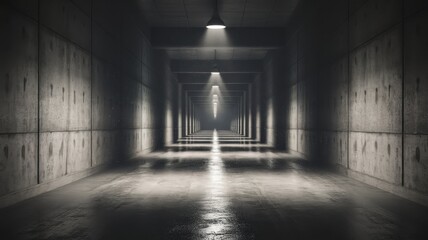 A dimly lit, industrial corridor with concrete walls and a reflective floor, creating an eerie and mysterious atmosphere.