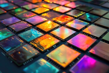 A close-up shot reveals numerous vibrant, iridescent microchips arranged in a grid pattern.