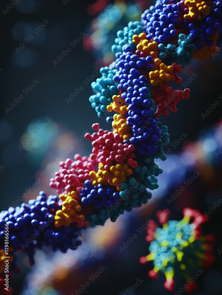 Poster close up view of a colorful rna chain interacting with surrounding viruses in a microscopic environm
