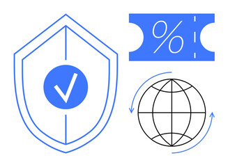 Shield with checkmark, discount ticket, and globe with arrows representing online security, savings, and international e-commerce. Ideal for retail, finance, tech, cybersecurity global trade