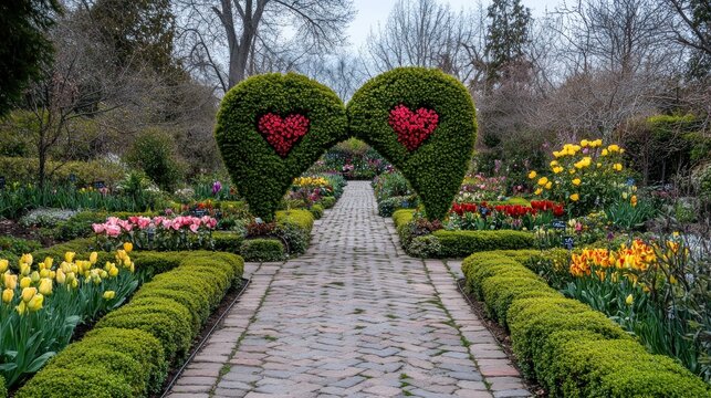 A picturesque garden path lined with blooming tulips and heart-shaped hedges on a spring day