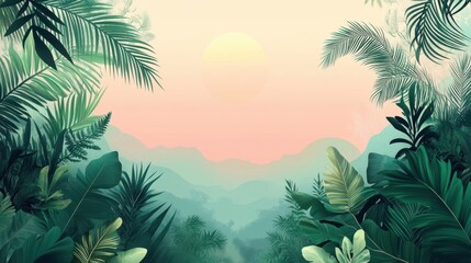 Tranquil sunset view framed by lush tropical foliage.