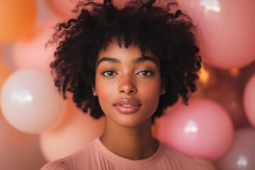 Naklejka premium Young woman with curly hair poses against colorful balloons in a bright, cheerful setting