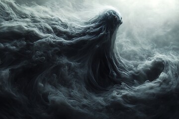 A haunting digital artwork depicting a shadowy figure emerging from swirling smoke, a macabre fantasy vision.