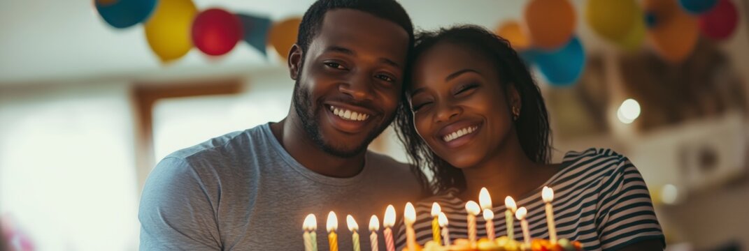 Joyful Black Couple African-American Celebrating with Birthday Cake and Colorful Balloons. Man and woman happy smiling on b-day party with cake. Banner for Valentine Day, family holiday, date.