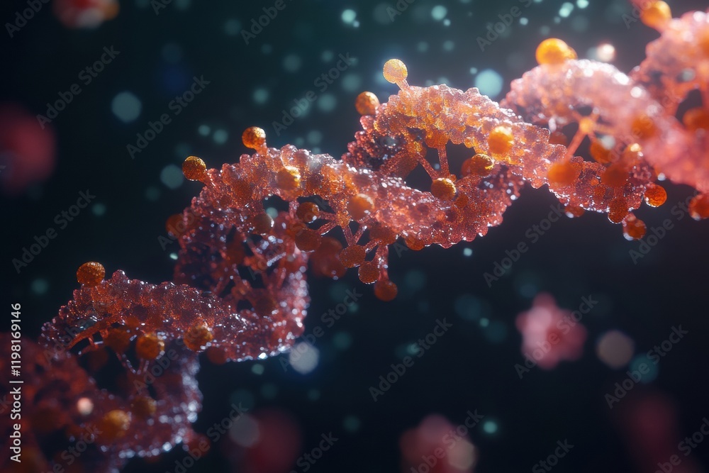 Poster Close up of molecular RNA chain with surrounding viruses showcasing complex biological interactions. Generative AI