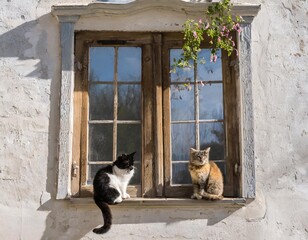Two Cats Enjoying the Sun on an Ancient Window in an Old House